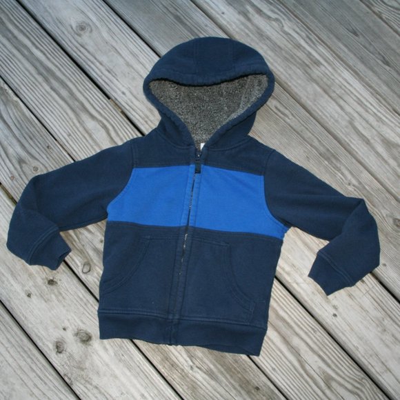 FUZZY SHERPA Zipper Hoodie Boy 4/5 Warm Bright Blue & Navy Light Jacket Layering - Picture 16 of 16